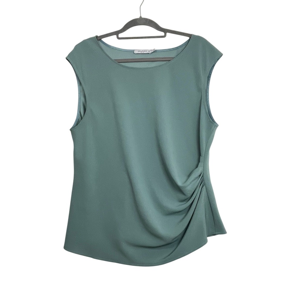 M.M. LaFleur XXL Sage Green Draped Side Gather Sleeveless Blouse Quiet Luxury